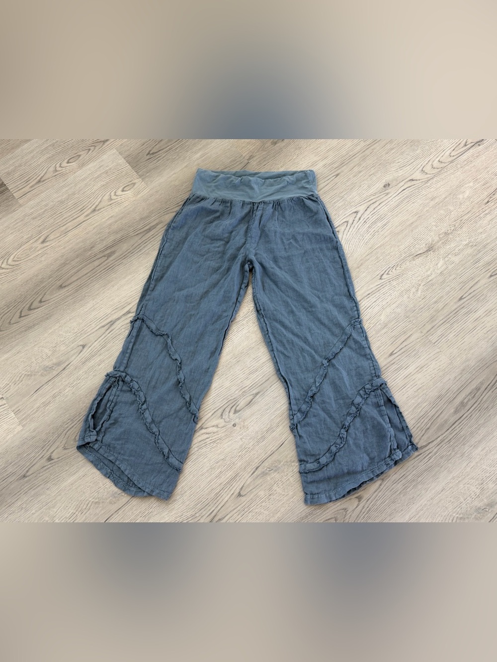 Made in Italy Linen Wide Leg Crop Pants Blue Raw Edge Tiered Lagenlook S/M EUC